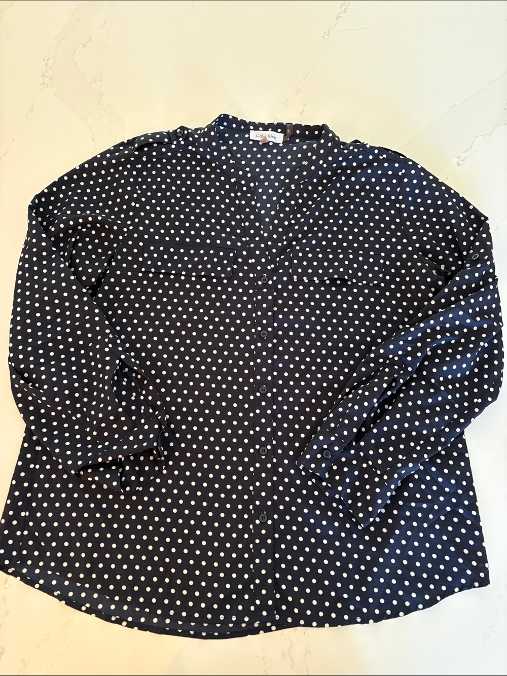 Calvin Klein Navy Polka Dot Button-Down Bouse SZ XL